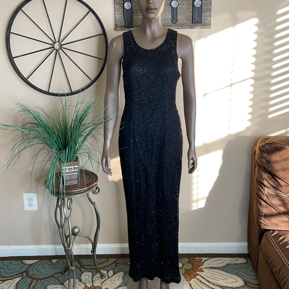 LAURENCE KAZAR Black Hand Beaded Gown Size M
